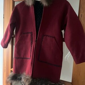 Classic Red Kids Pea Coat with Fur Trim